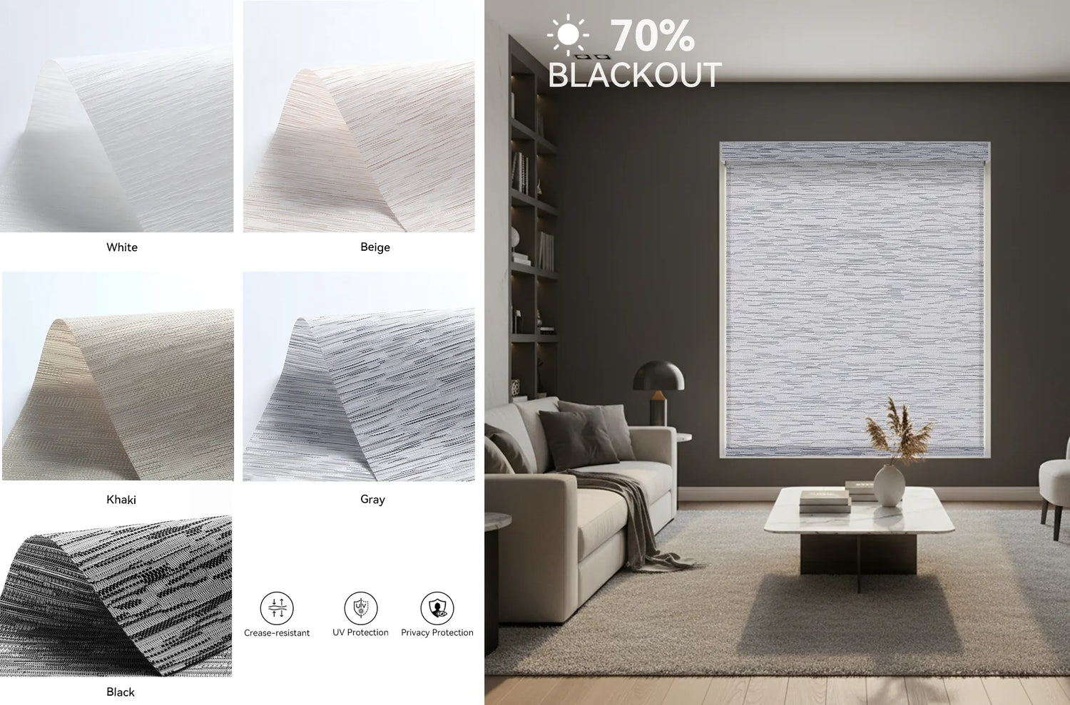 Fabric swatches of the Kurlax Ramie Jacquard material in white, beige, khaki, black, and gray.