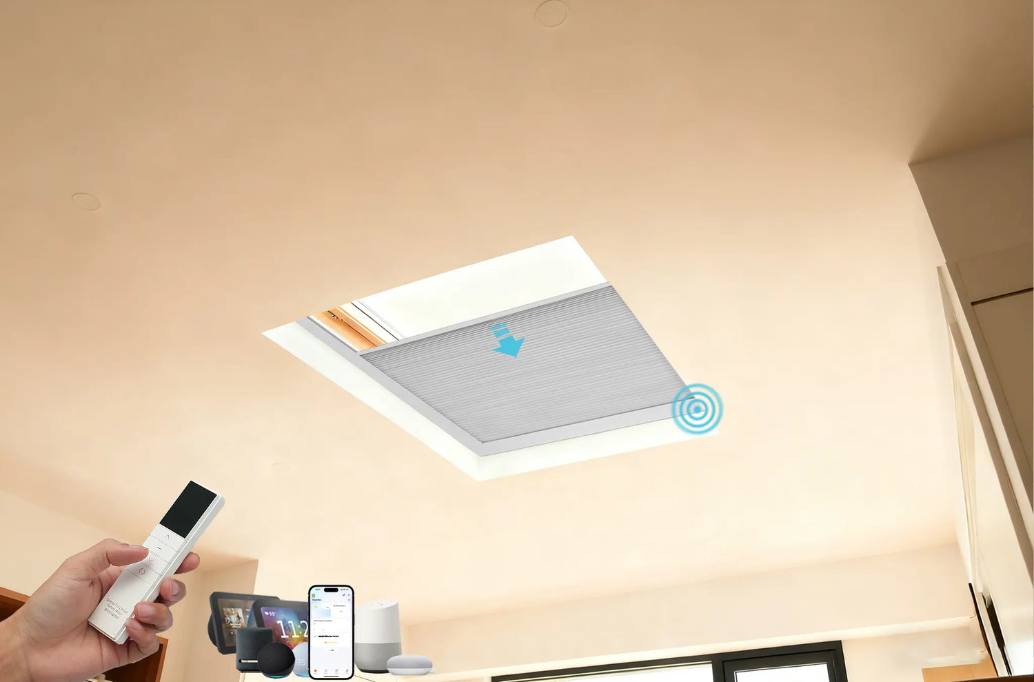 Remote control motorized light filtering skylight shades installed on horizontal sunroom skylights