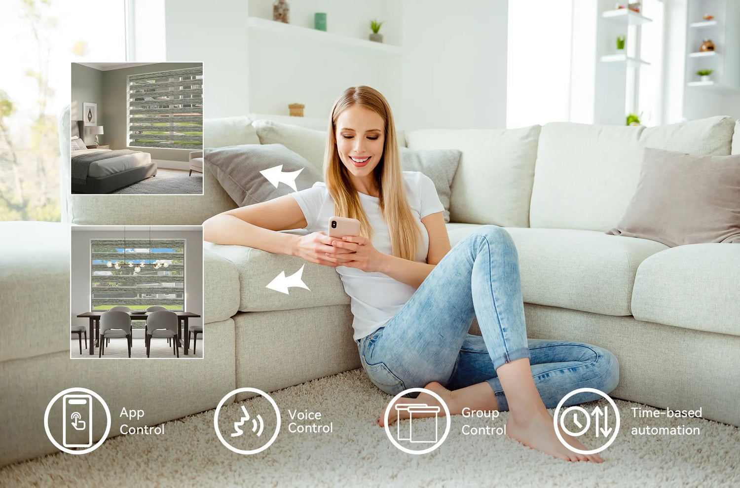 Smartphone app interface showing sunrise/sunset scheduling and group control for Kurlax motorized blinds.