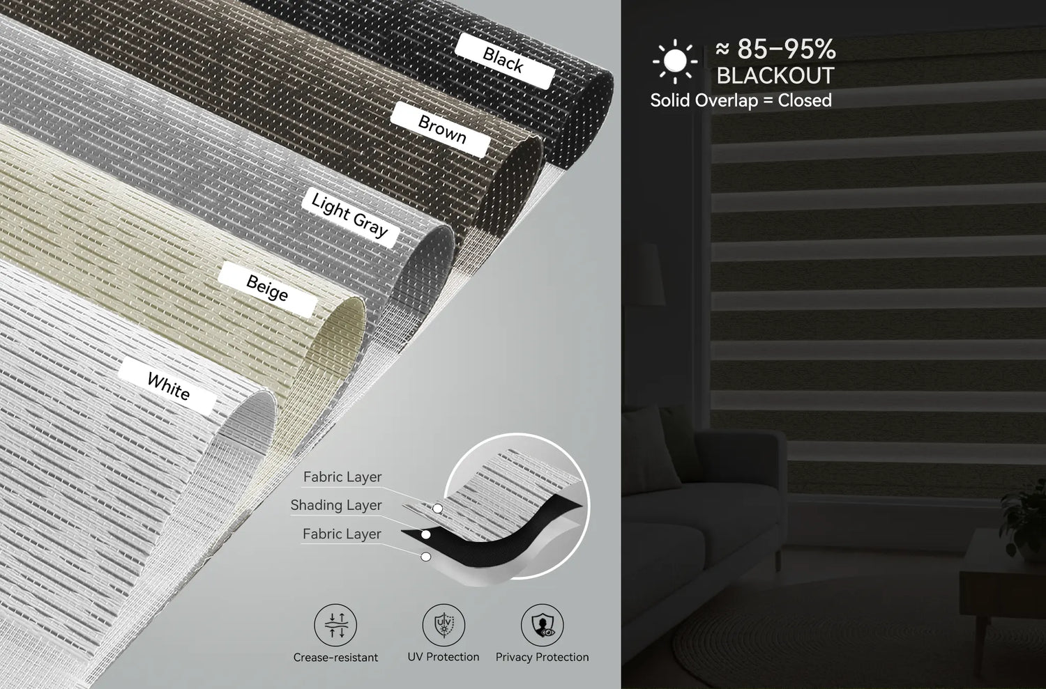 Color palette of Kurlax zebra shades featuring White, Beige, Light Gray, Brown, and Black fabric swatches.