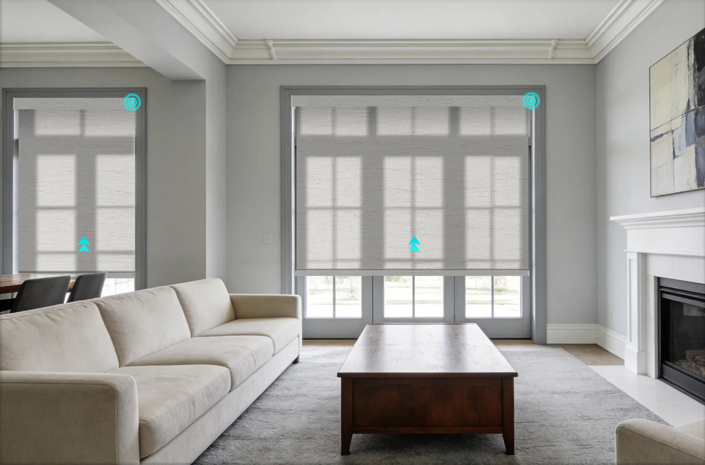 Motorized roller shades installed in modern living room