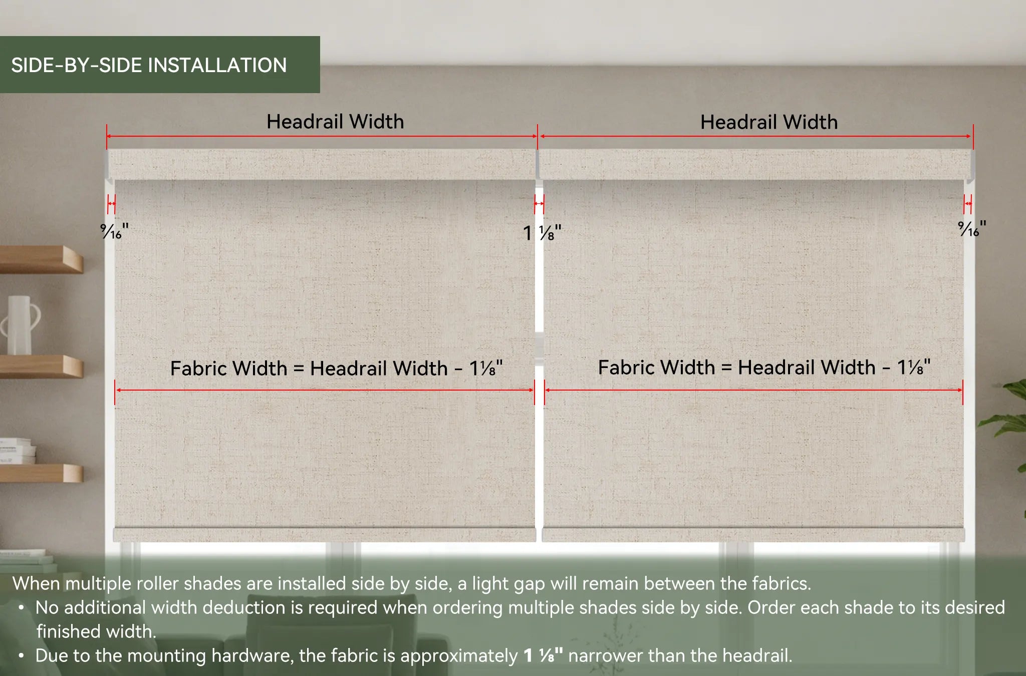 light filtering roller shades side-by-side installation
