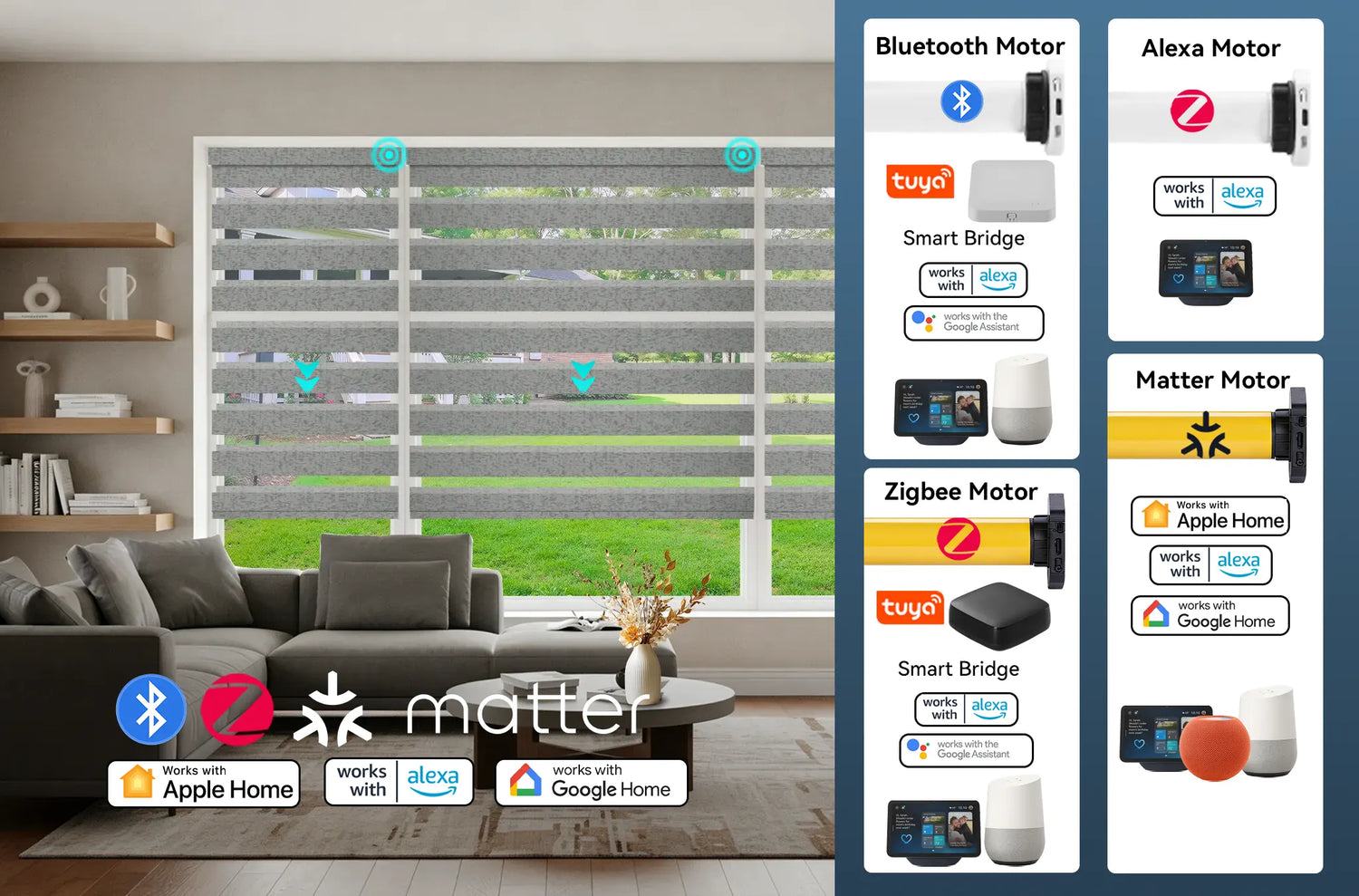 Comparison of Kurlax smart blind motors including Matter, Zigbee, and Alexa-compatible versions.