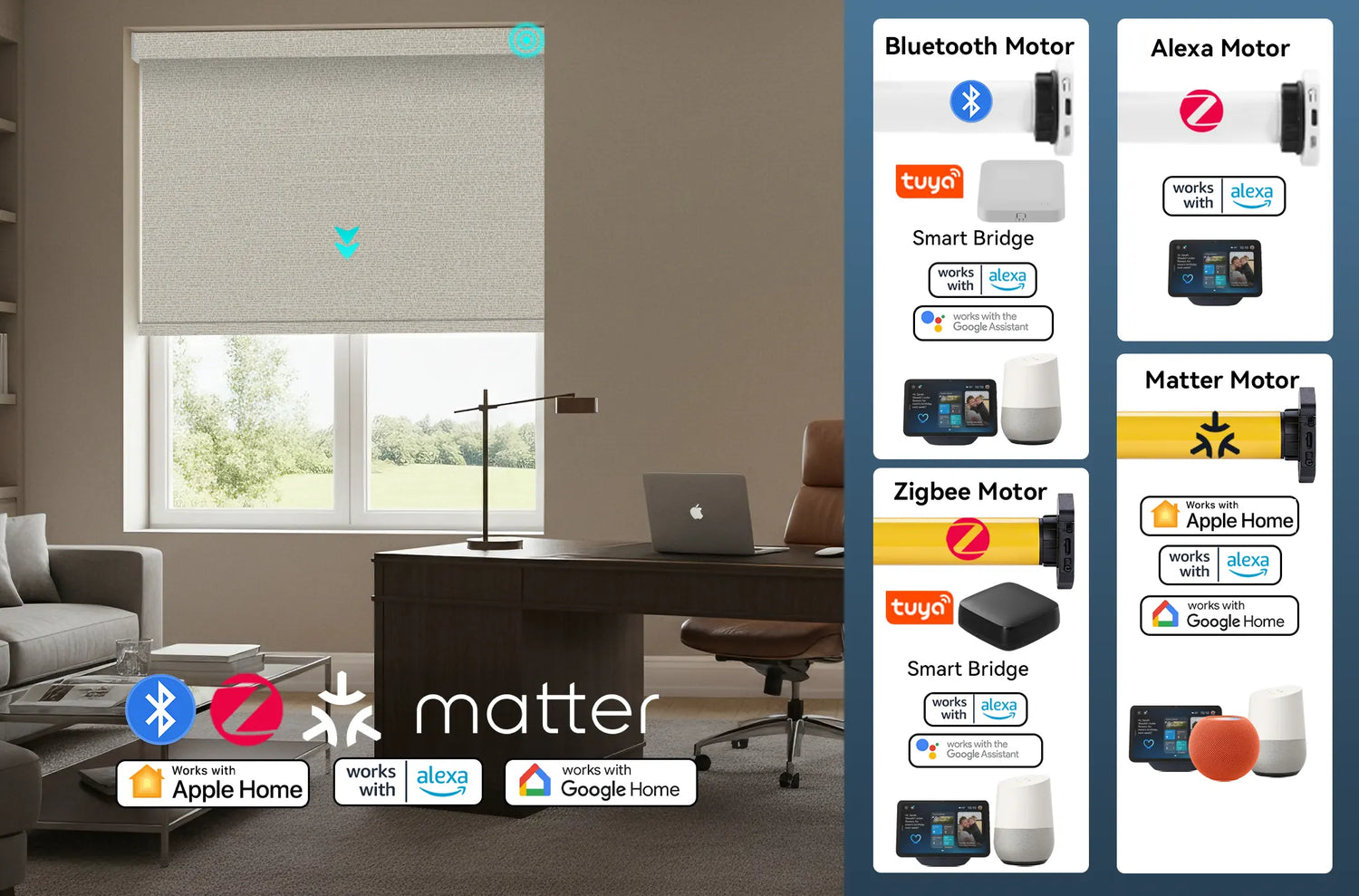 Comparison of Kurlax smart blind motor options including Matter, Zigbee, and Alexa-ready motors.