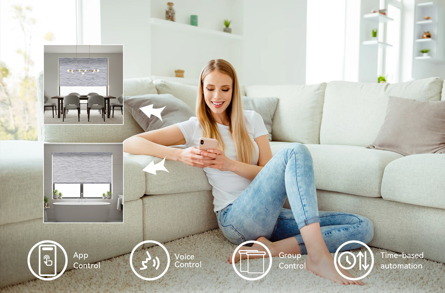 Smart Control for Kurlax Motorized Roller Shades – App, Voice, Group, and Sunrise/Sunset Scheduling Features