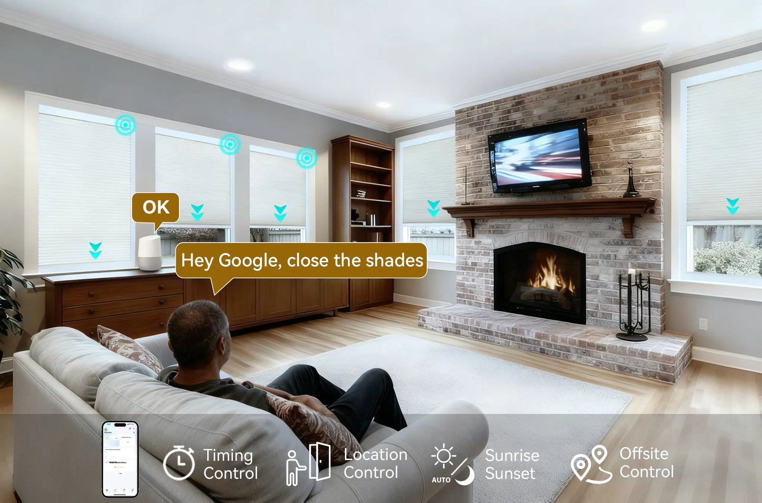 Smart home controlled motorized 100 percent blackout skylight cellular shades on vertical living room windows