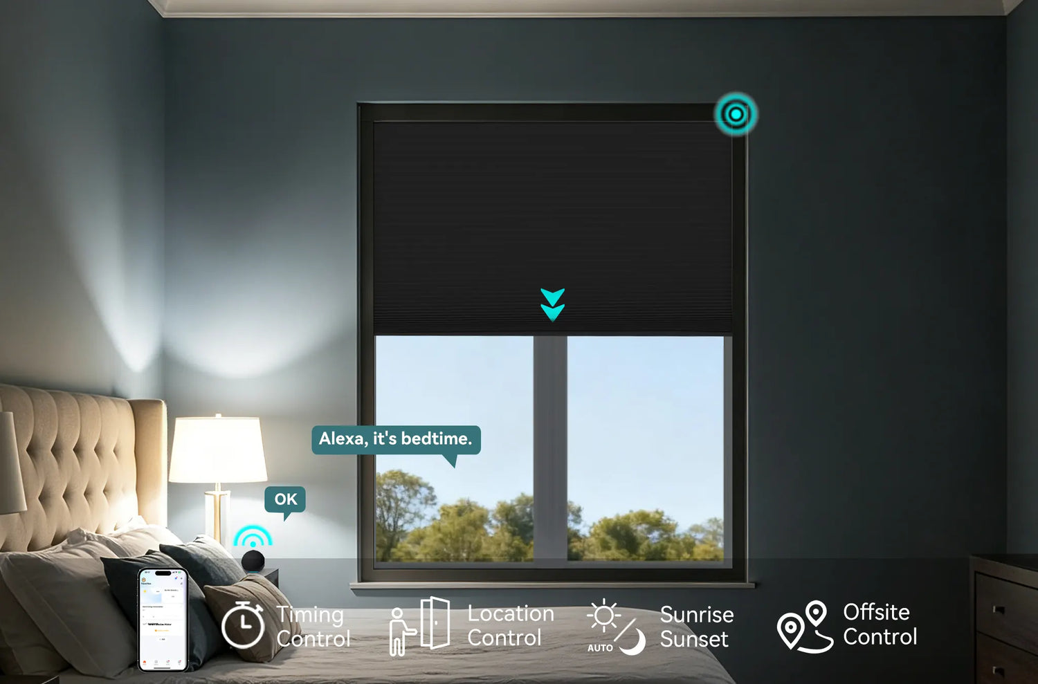 User controlling Kurlax blackout shades using a smartphone app and voice assistant.