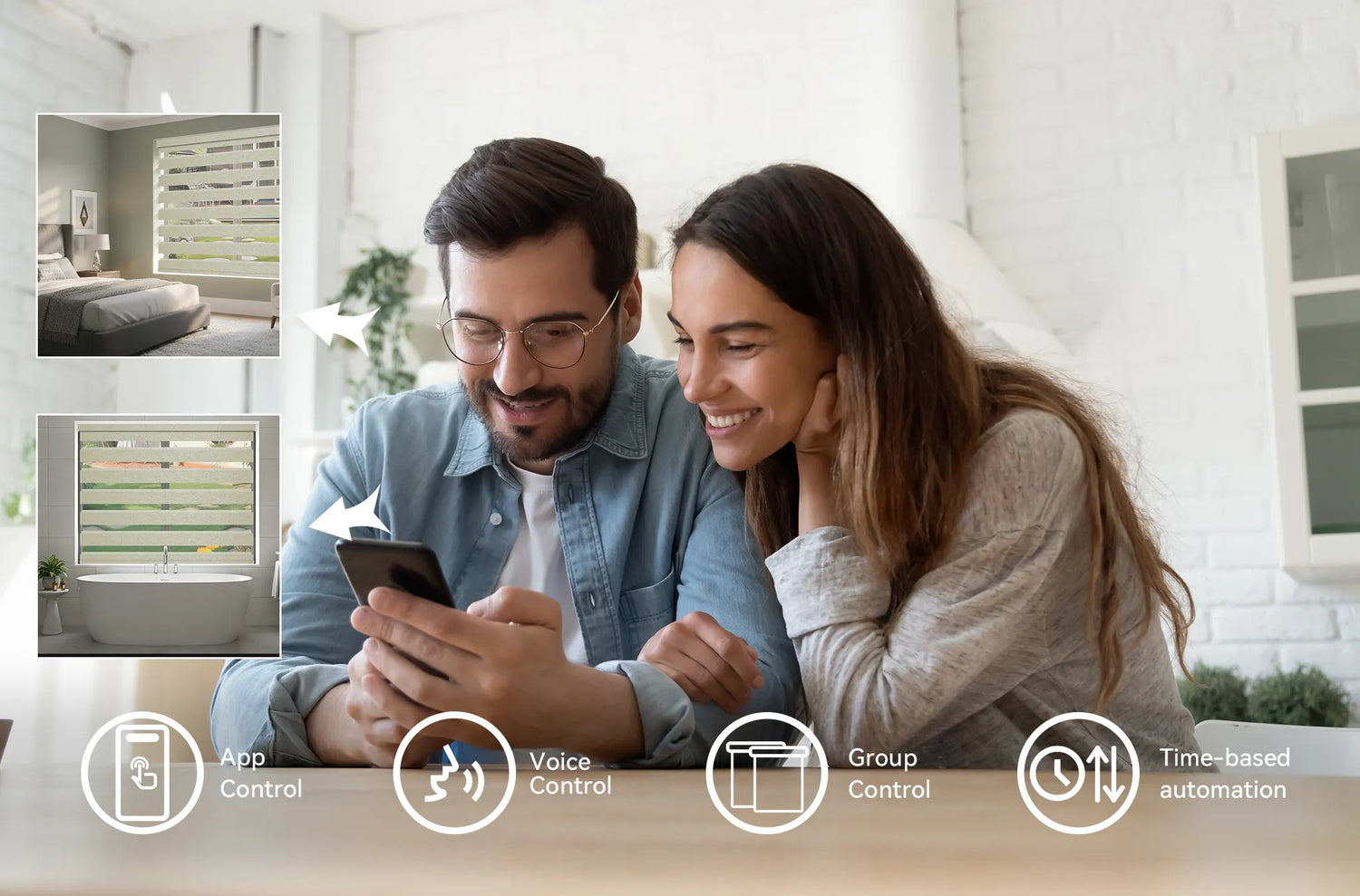 Smartphone app interface showing sunrise and sunset scheduling for motorized window shades.