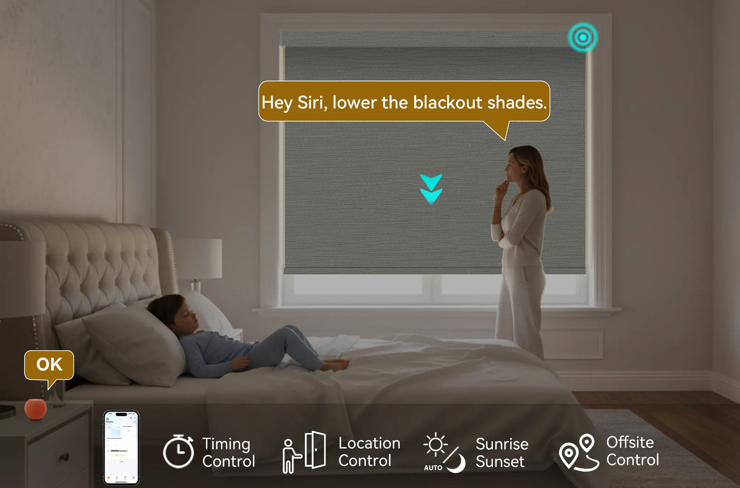 Homeowner using Apple HomePod to control motorized blackout roller shades 