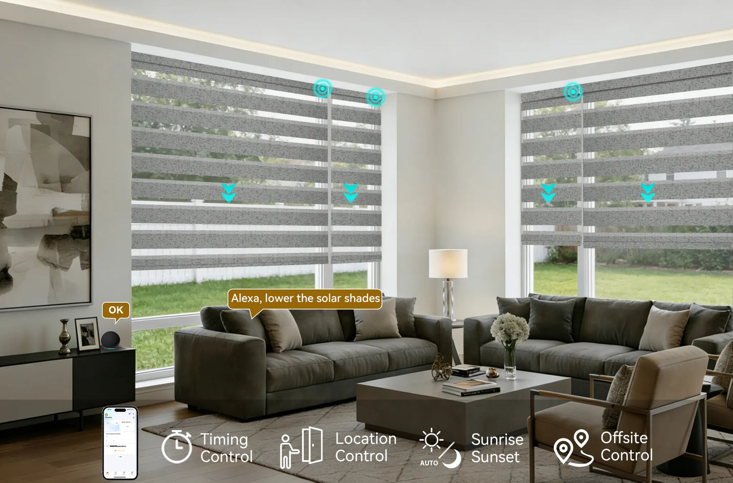 Homeowner using Amazon Alexa or smartphone app to control motorized zebra shades in the living room