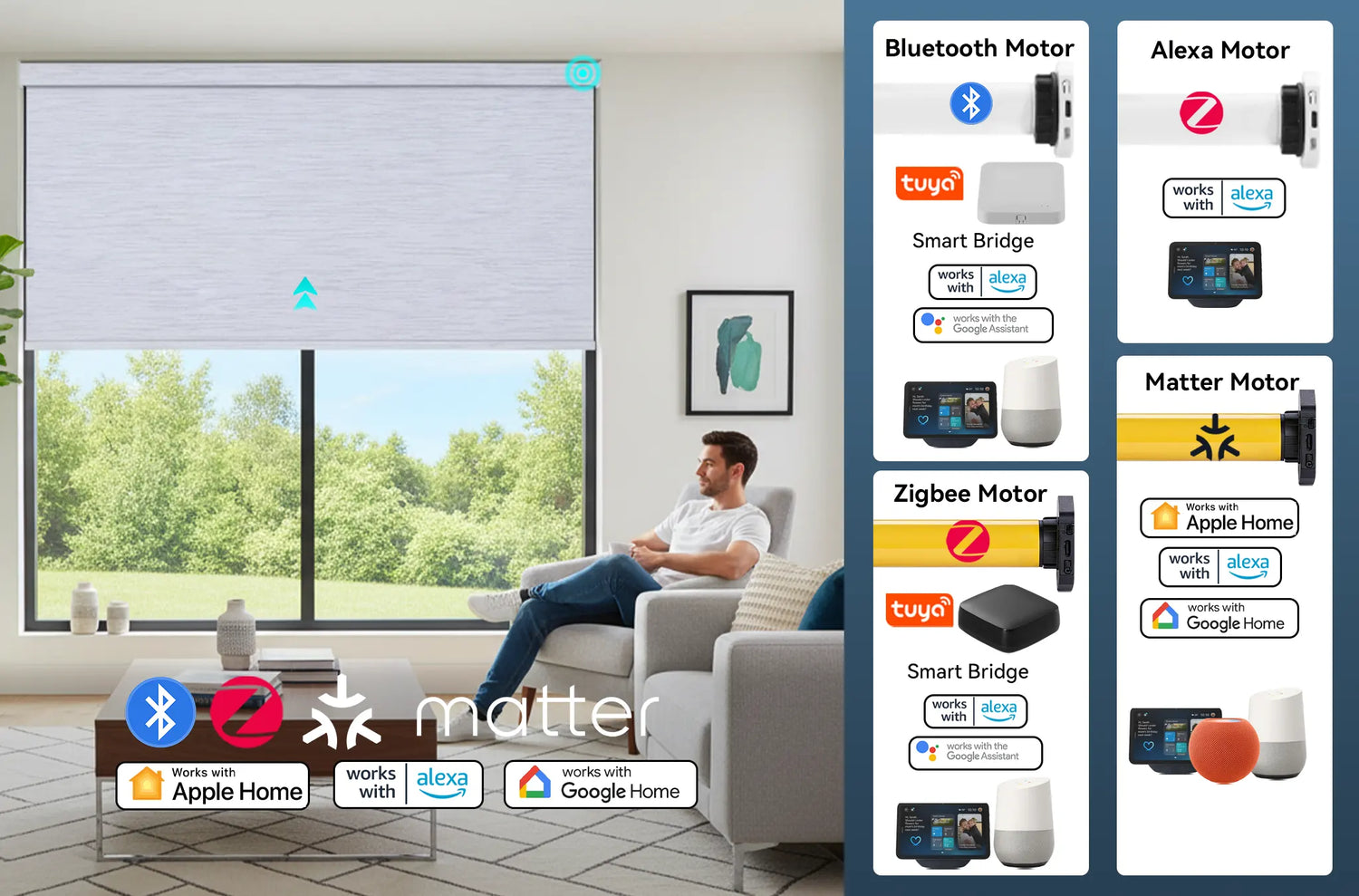 Diagram showing the four different Kurlax smart motor types (Bluetooth, Zigbee, Alexa, Matter) and their respective features.