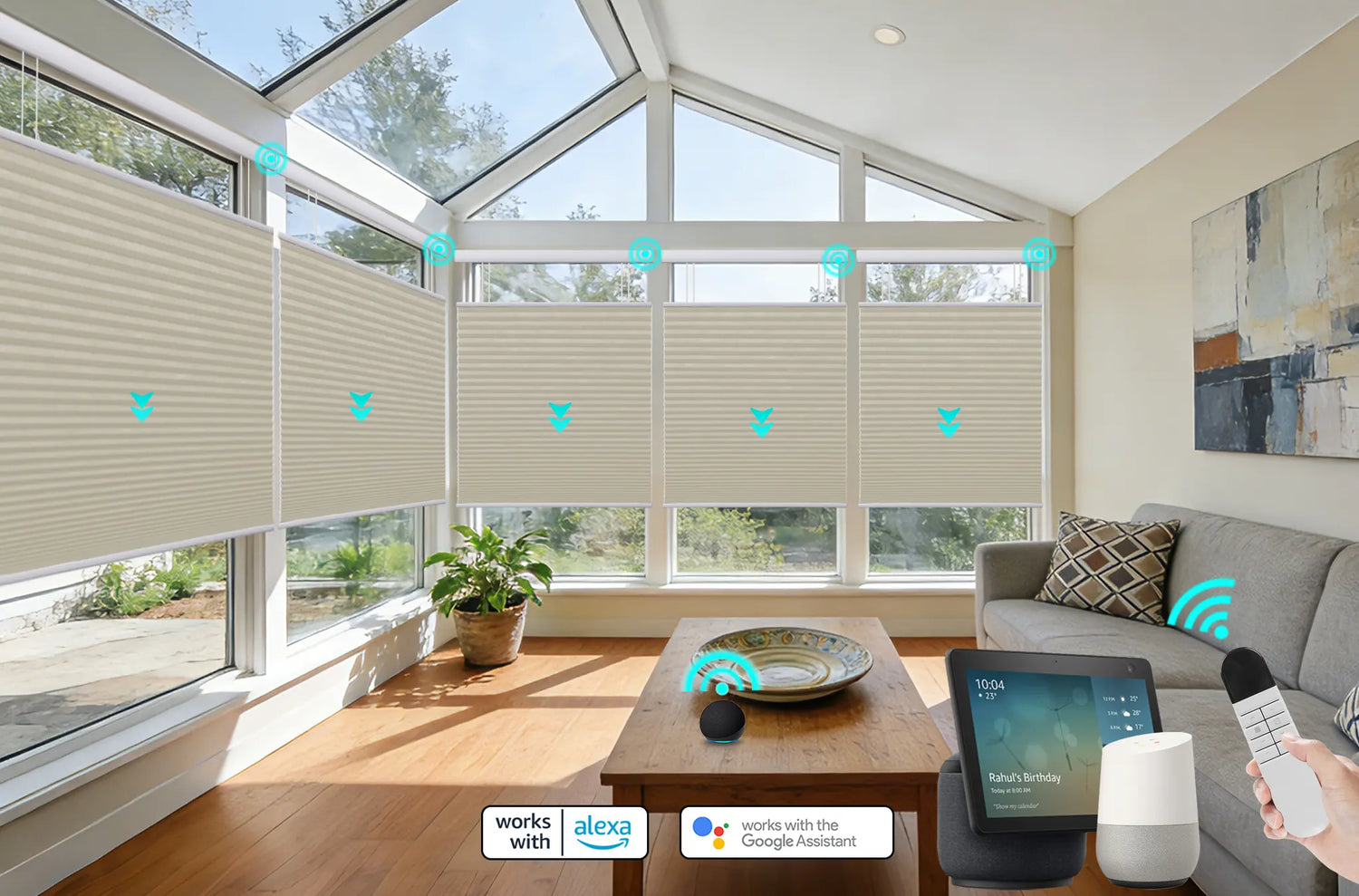 Custom motorized roller shades compatible with Amazon Alexa  and Google Assistant