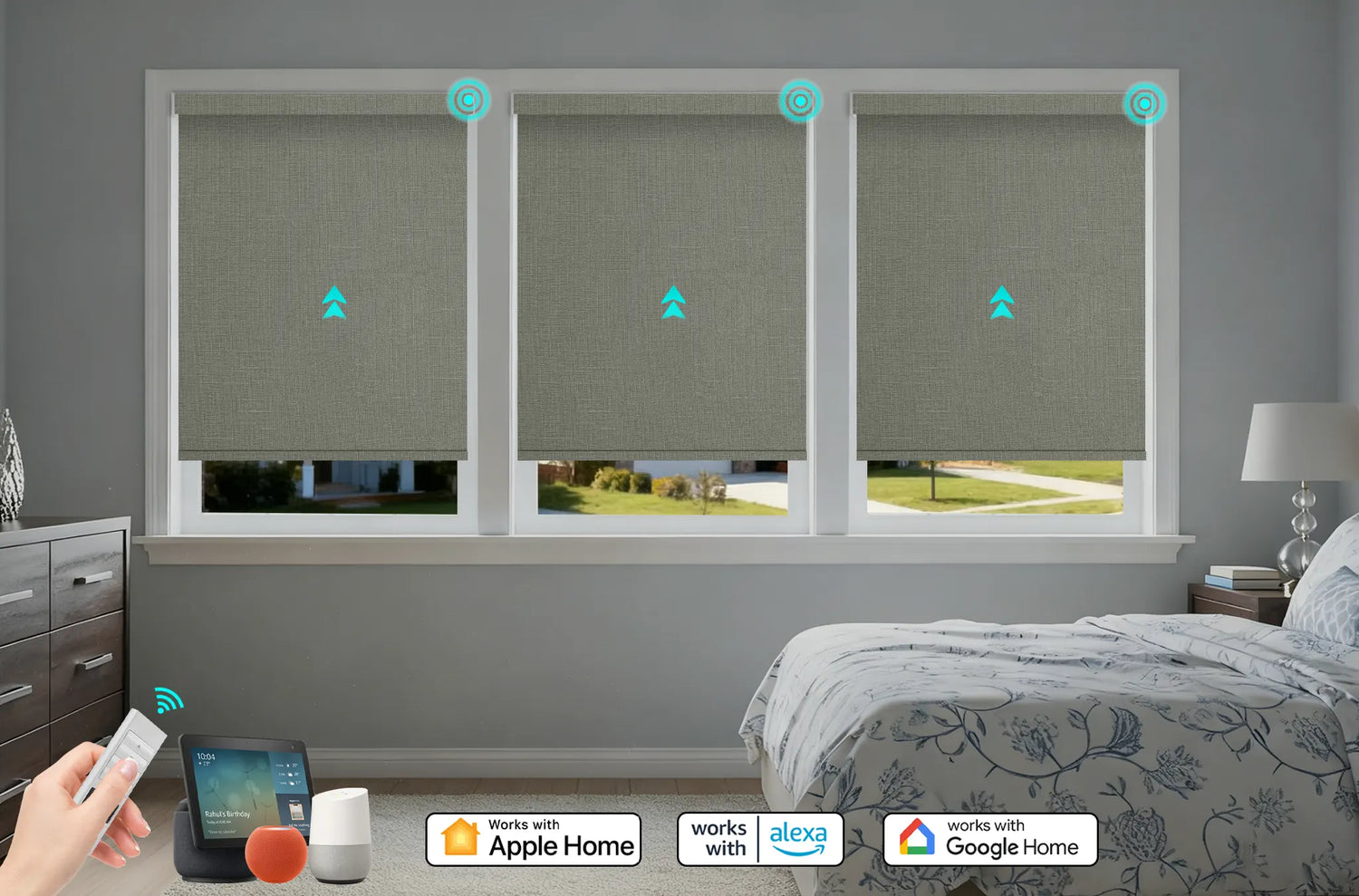 Custom motorized roller shades compatible with Amazon Alexa, Apple HomeKit, and Google Home