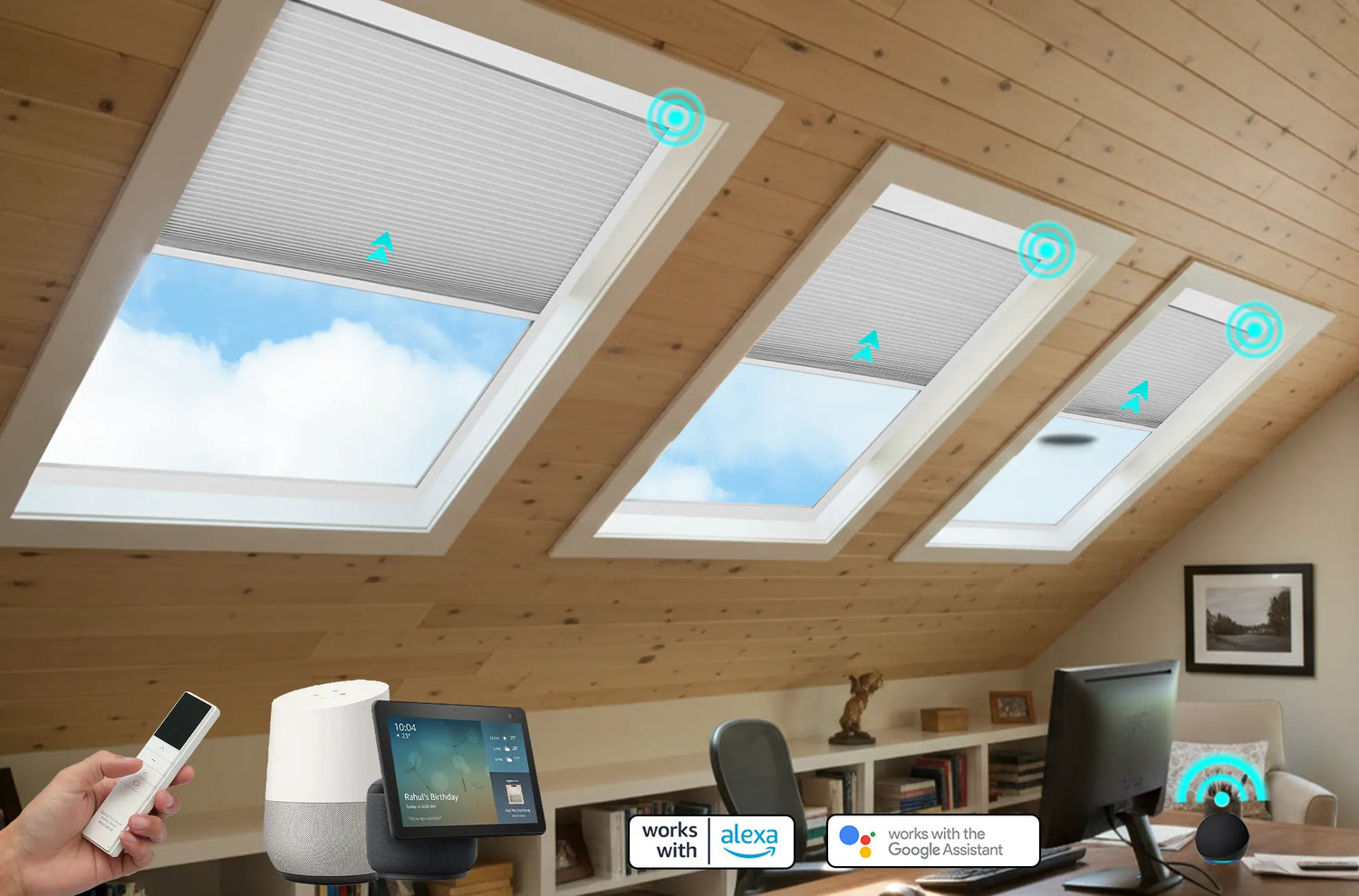Custom motorized roller shades compatible with Amazon Alexa  and Google Assistant
