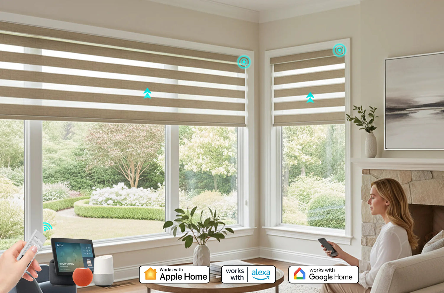 Custom motorized zebra shades compatible with Amazon Alexa, Apple HomeKit, and Google Home