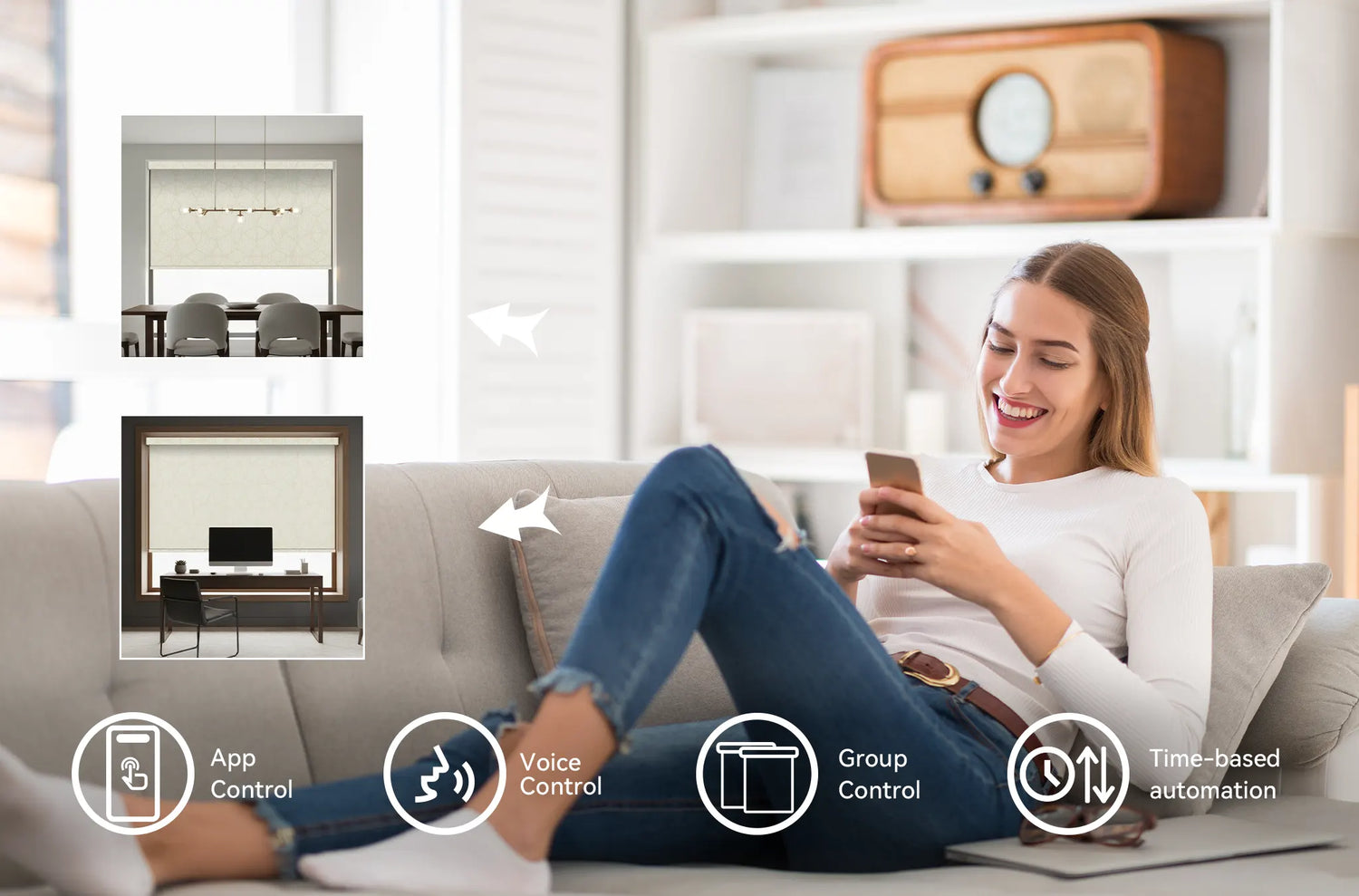 Icons representing voice control (Alexa, Google, Siri), smartphone app interface, and sun/moon icons for scheduling smart shades.
