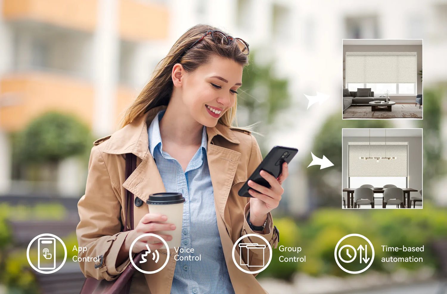 Smartphone screen showing Tuya App setting sunrise schedules for motorized window shades.