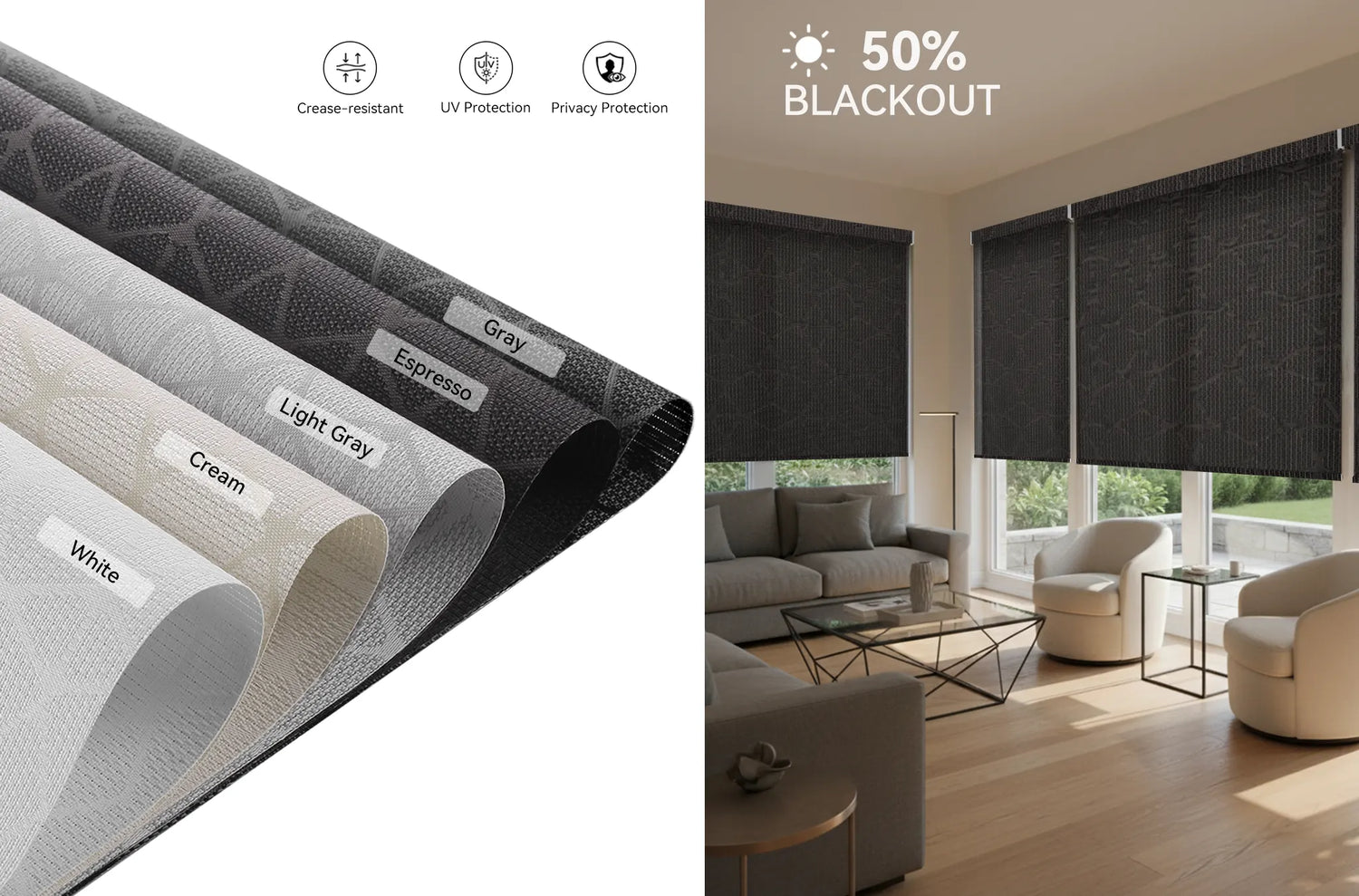 Color swatches for Kurlax solar screen fabric: White, Cream, Light Gray, Espresso, and Gray.