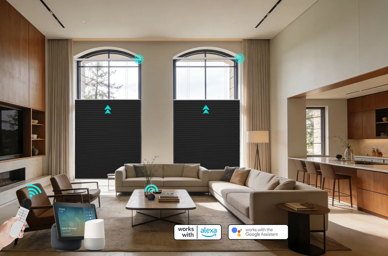 A living room image showing Kurlax motorized shades installed, with icons representing Amazon Alexa and Google Assistant integration.
