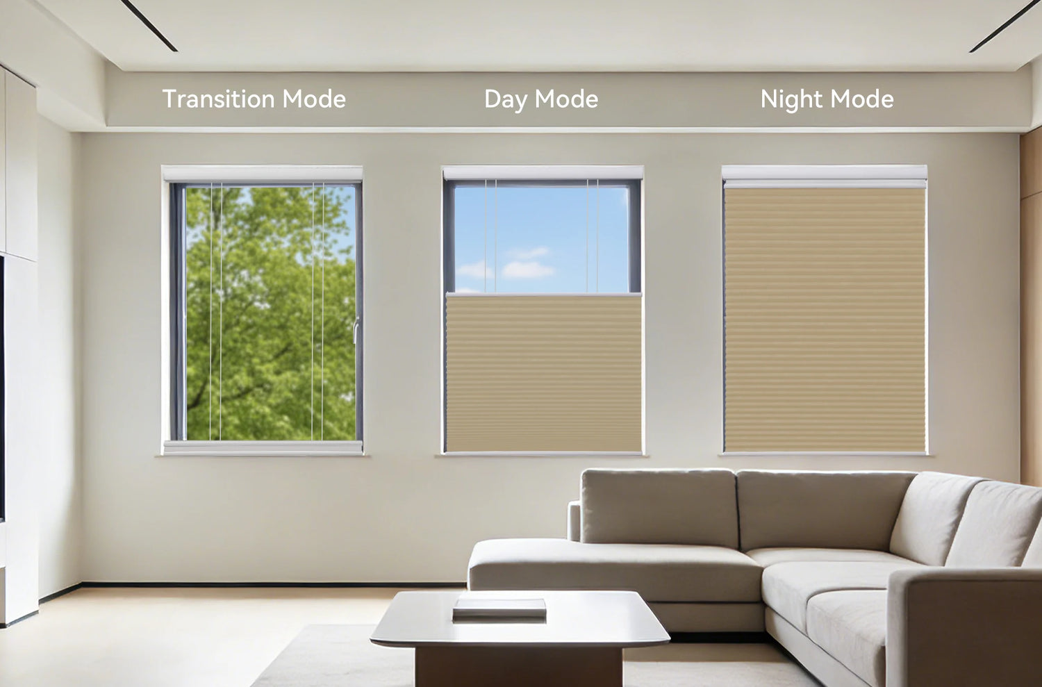 Diagram showing the three main positions of a top-down bottom-up shade: fully closed, top lowered, and bottom raised.