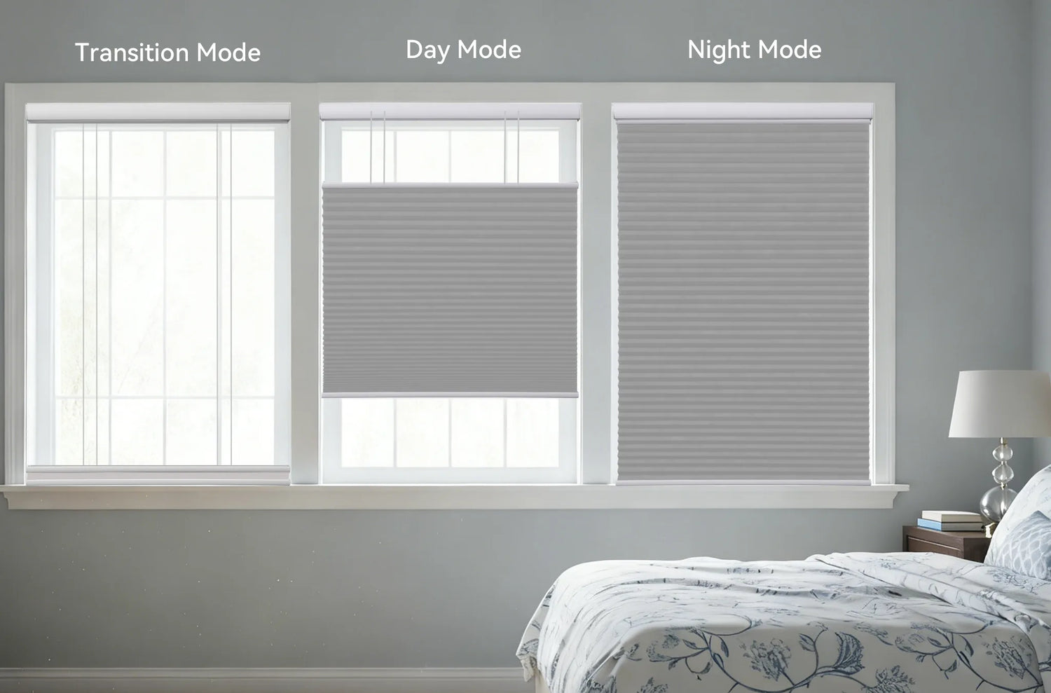 Image demonstrating the flexible positioning of the Kurlax motorized shade: fully closed, half open from the top, and half open from the bottom.