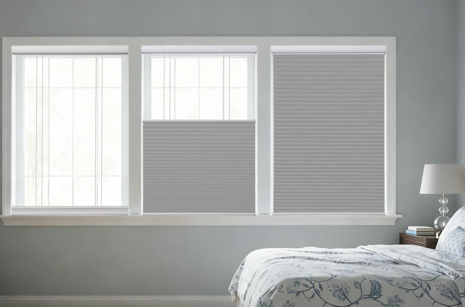 Image demonstrating the top down bottom up functionality of Kurlax motorized shades in a home office setting