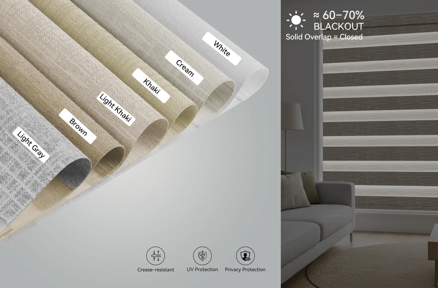 Color options for Kurlax motorized shades: White, Cream, Light Gray, Khaki, Light Khaki, and Brown.