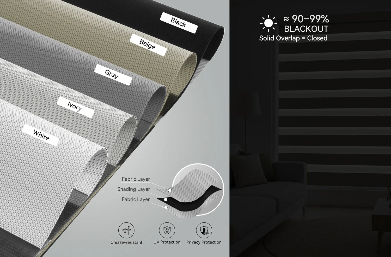 Color options for Kurlax motorized zebra shades including White, Ivory, Gray, Beige, and Black.