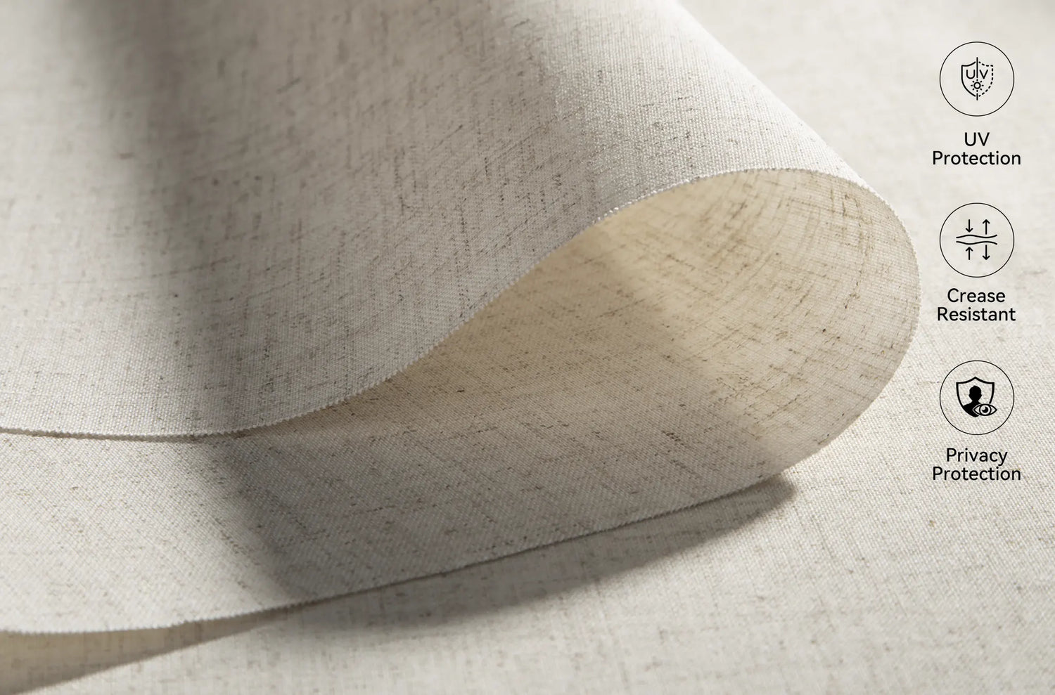 Close-up detail of Kurlax linen texture 70% blackout polyester fabric in Beige.