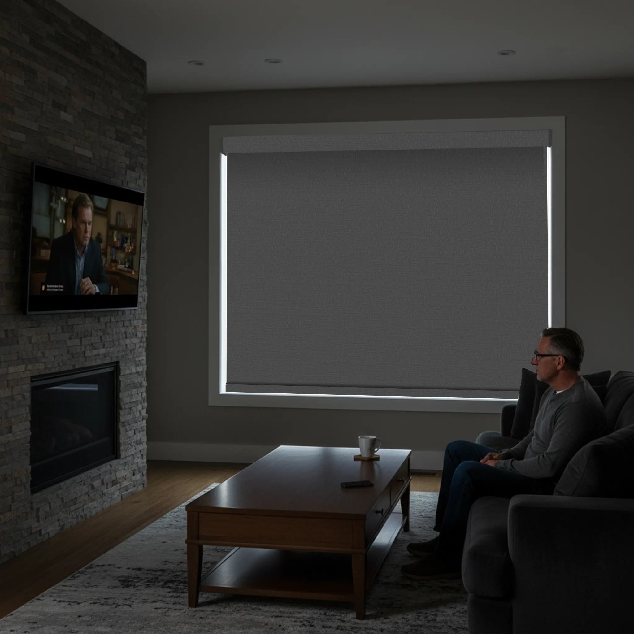 Modern living room with blackout roller shades filtering light