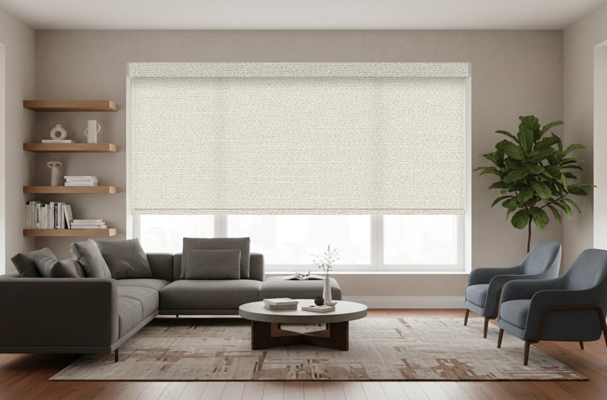 Roller shades installed in a bright modern living room