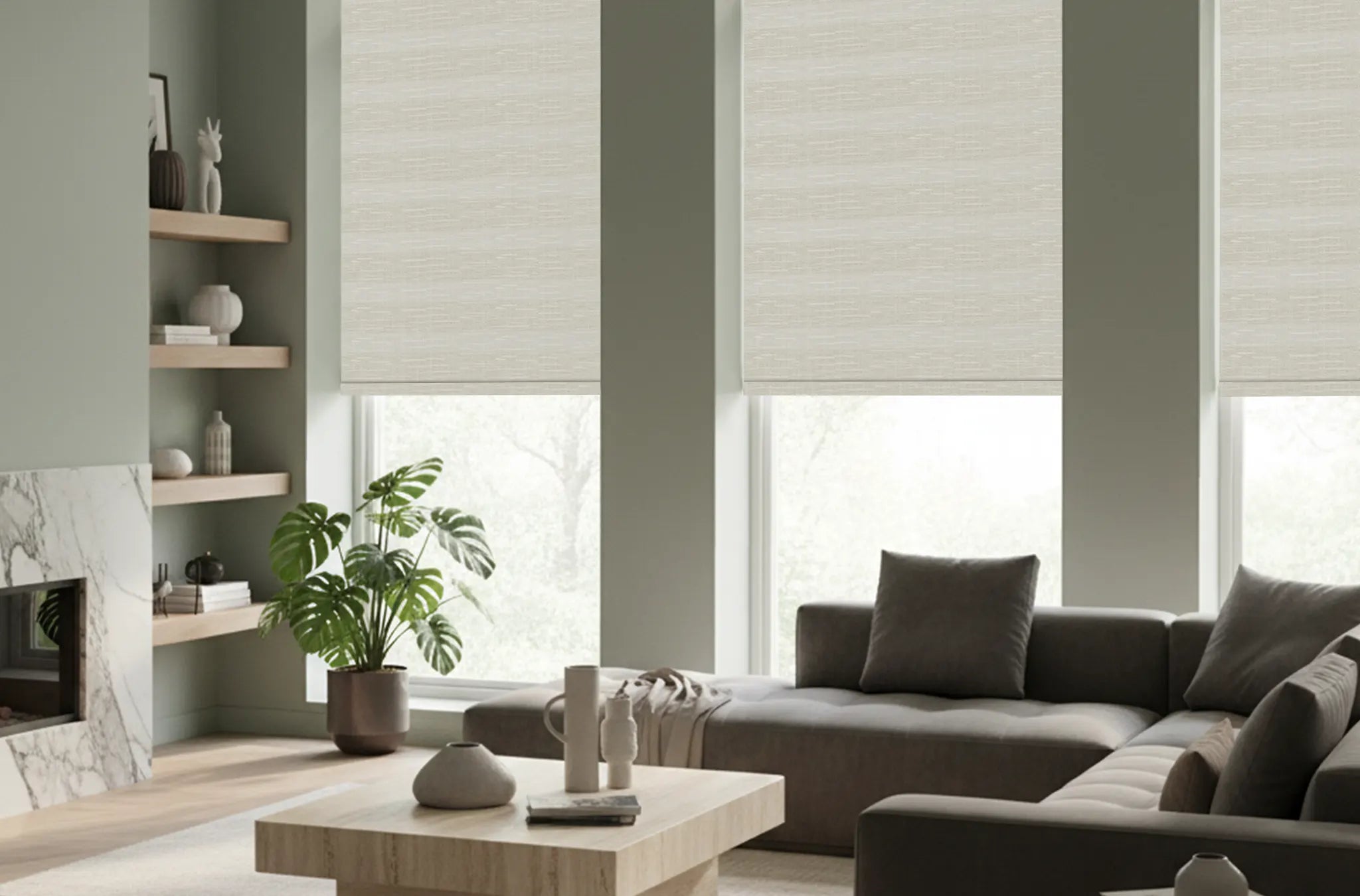 Living room with motorized zebra shades installed