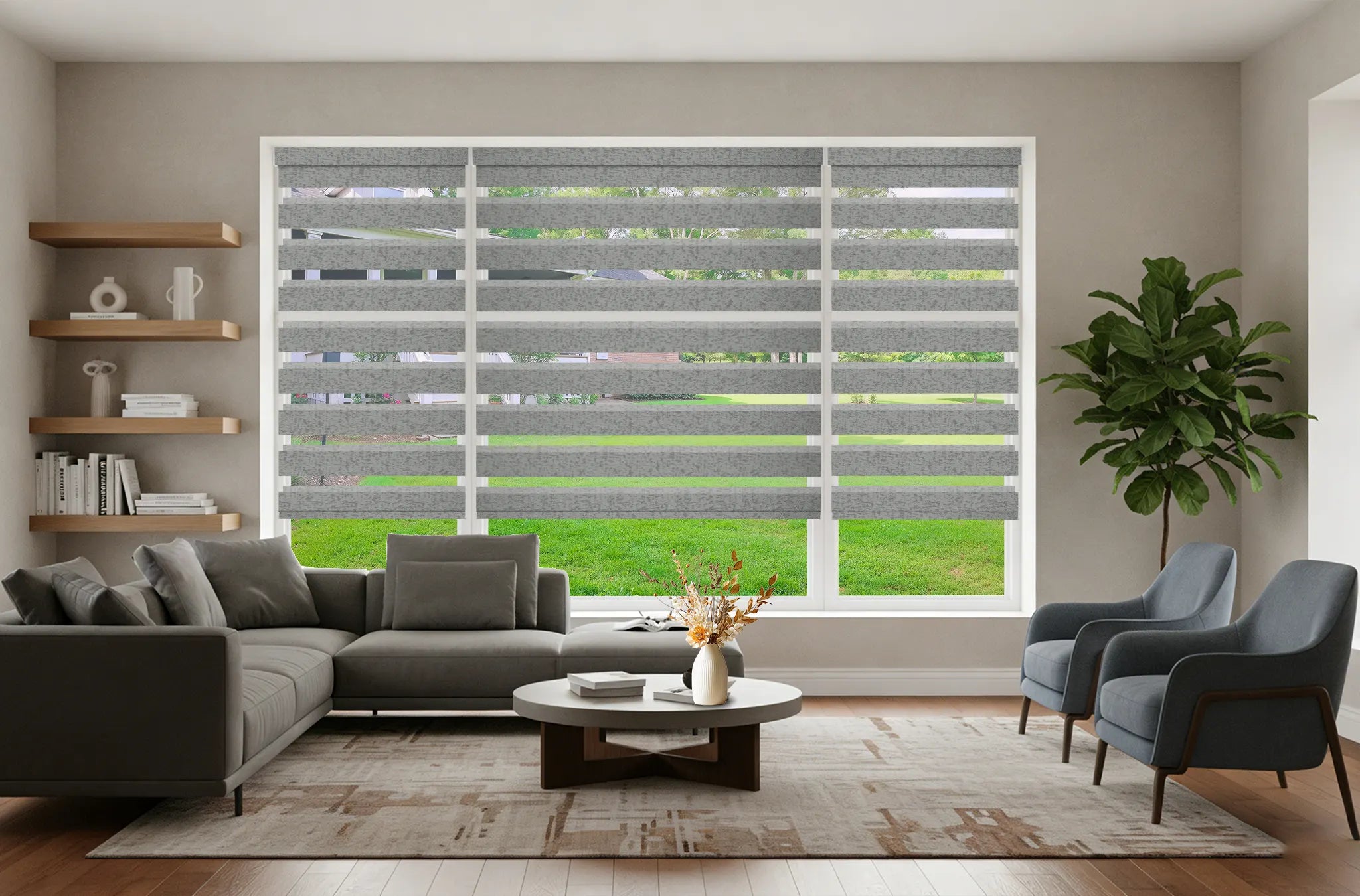 Motorized zebra shades installed in modern living room with soft daylight control