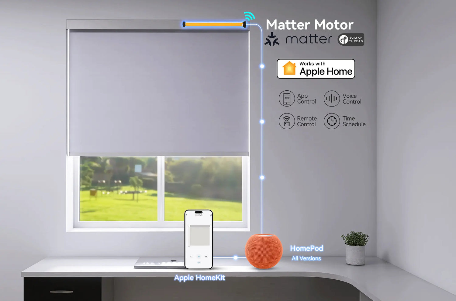 Matter-enabled motorized shades connecting directly to Apple HomeKit without a smart bridge
