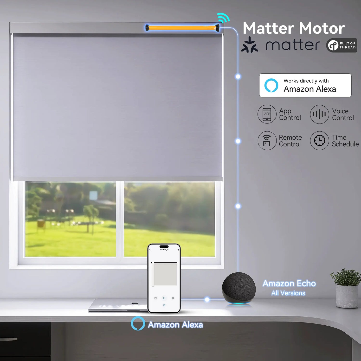Matter-enabled motorized roller shades connecting directly to Amazon Alexa without a smart bridge