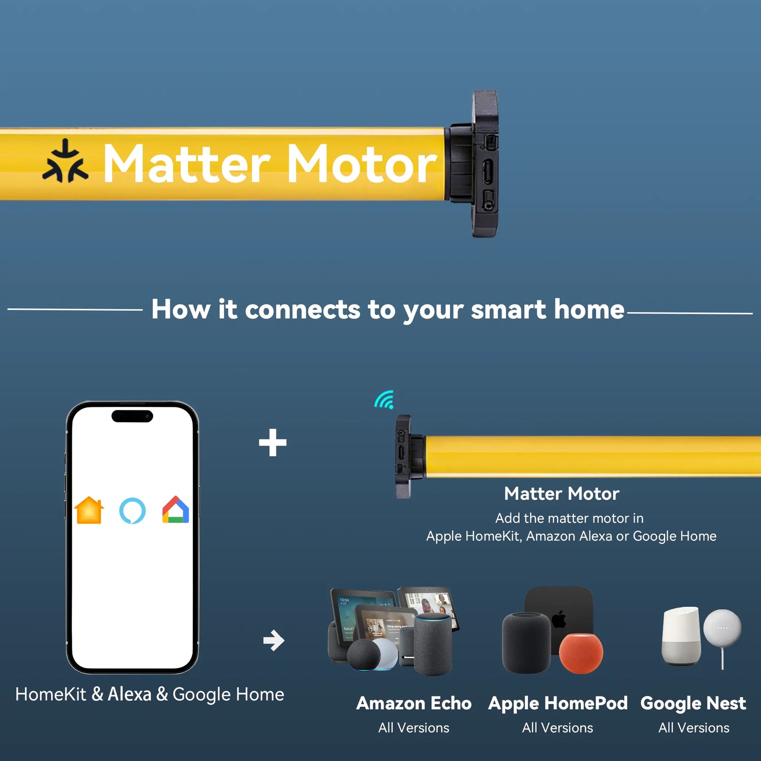 Matter-enabled motorized roller and zebra shades with direct connection to Alexa, Google Home, and Apple HomeKit