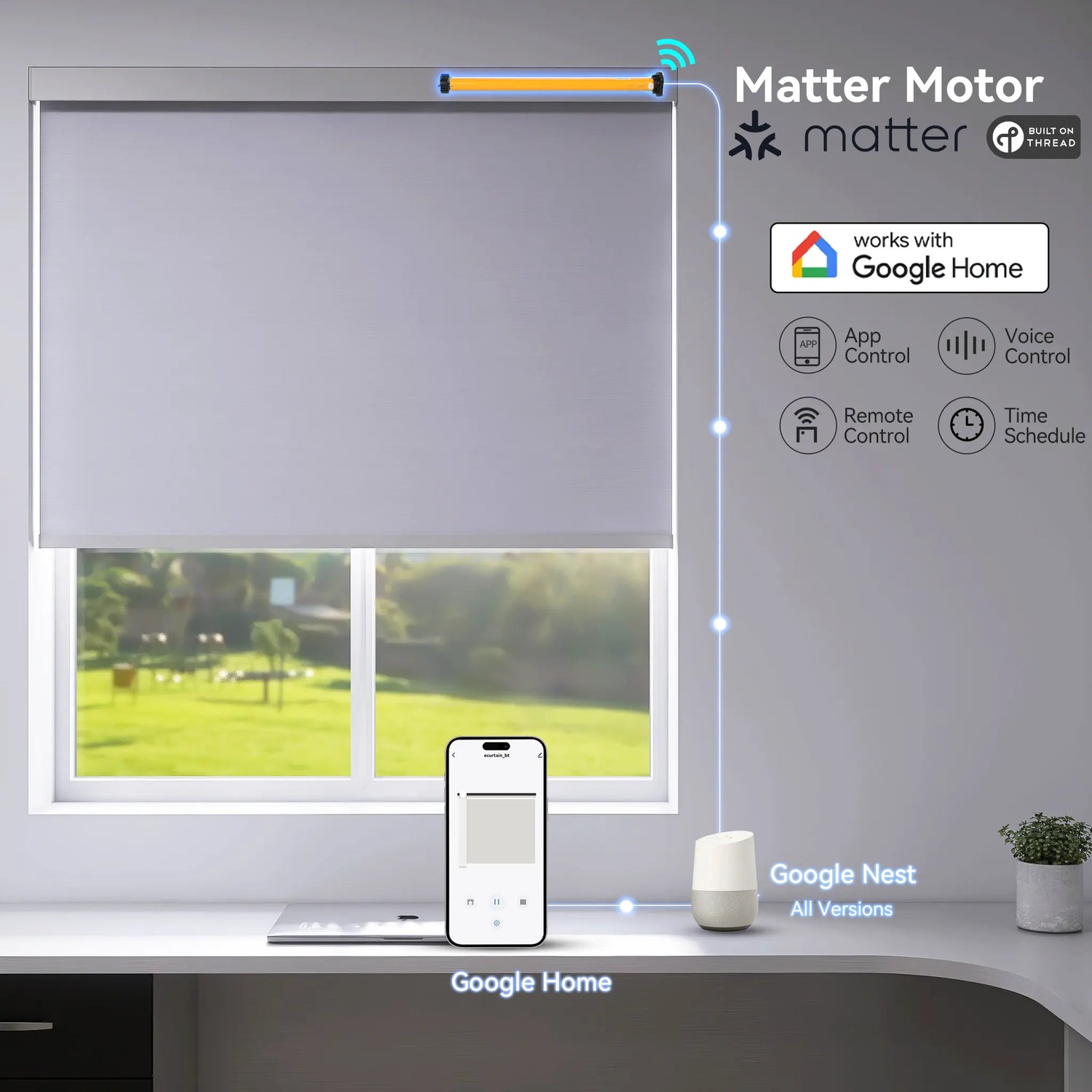Matter-enabled motorized roller shades connecting directly to Google Home without a smart bridge