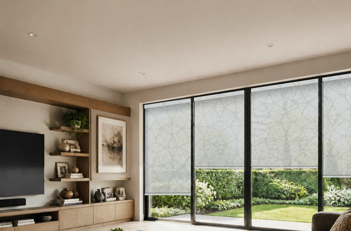 Modern living room with cordless solar shades 3% openness, geometric pattern light filtering roller blinds, child safe cord-free window treatment for contemporary home