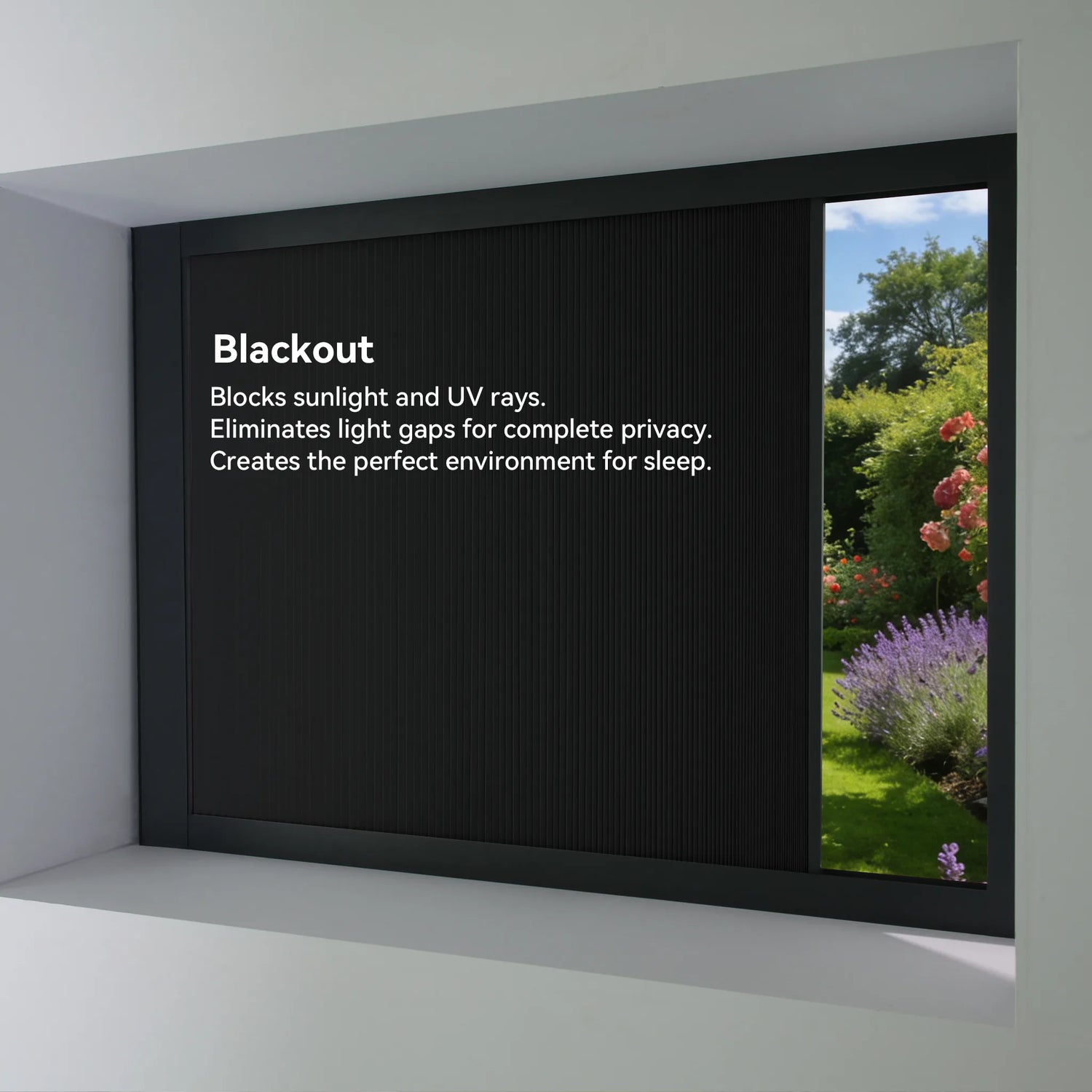 Total blackout motorized cellular blinds blocking 100% of sunlight and UV rays.