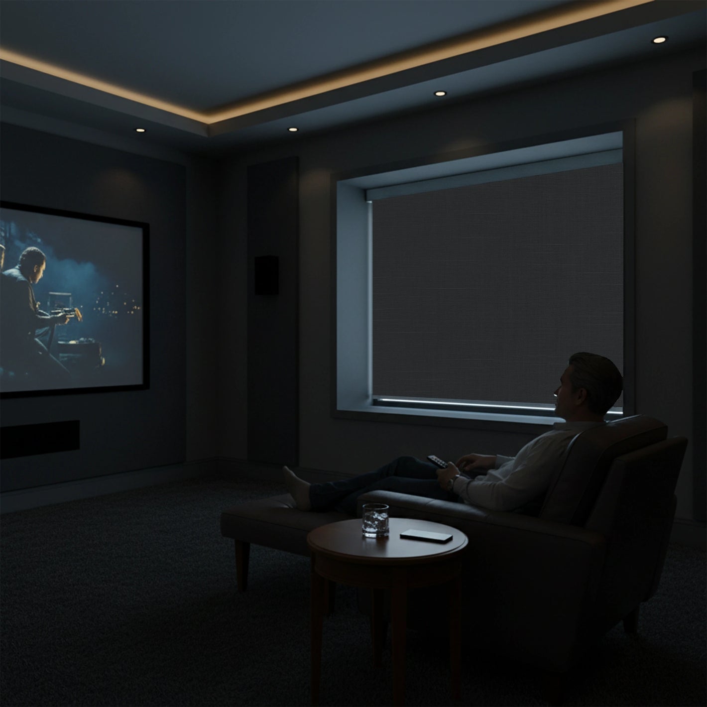 Motorized shades in media room providing theater blackout experience