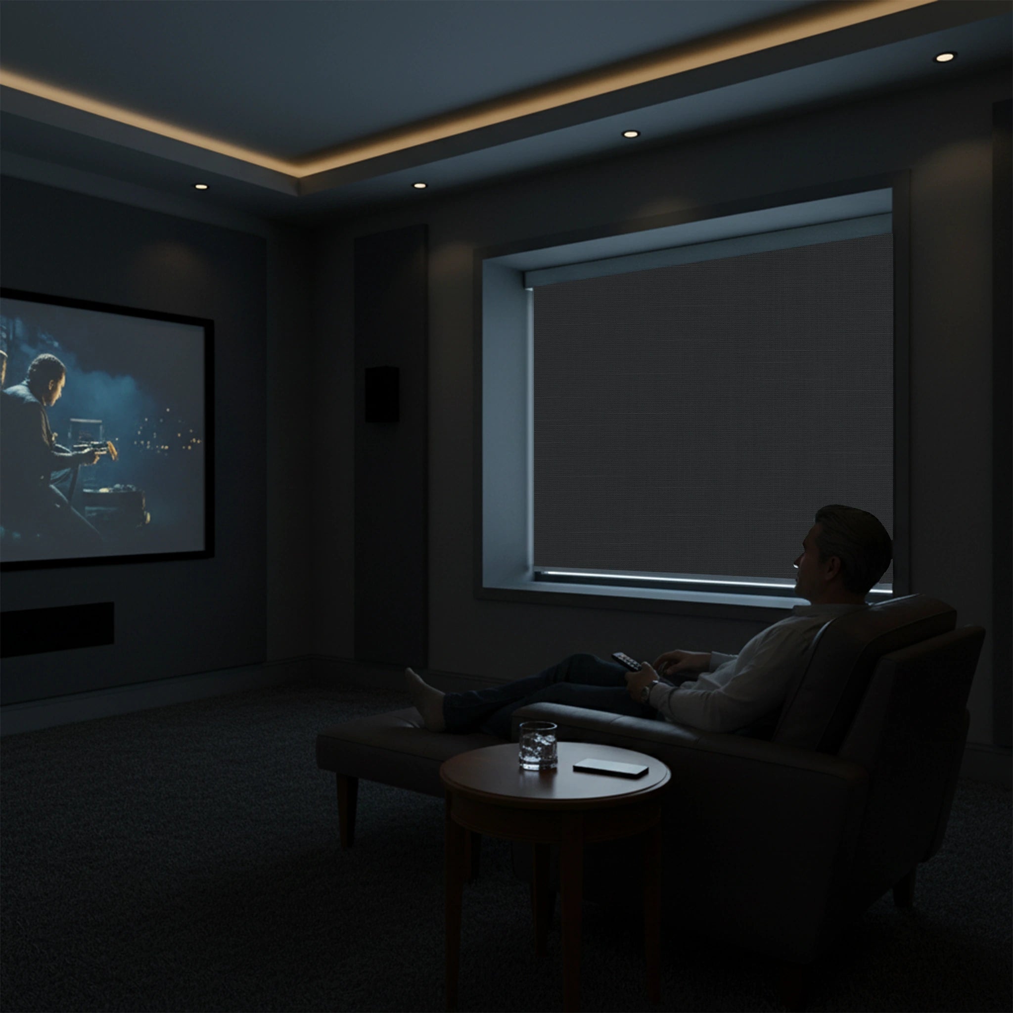 Motorized shades in media room providing theater blackout experience