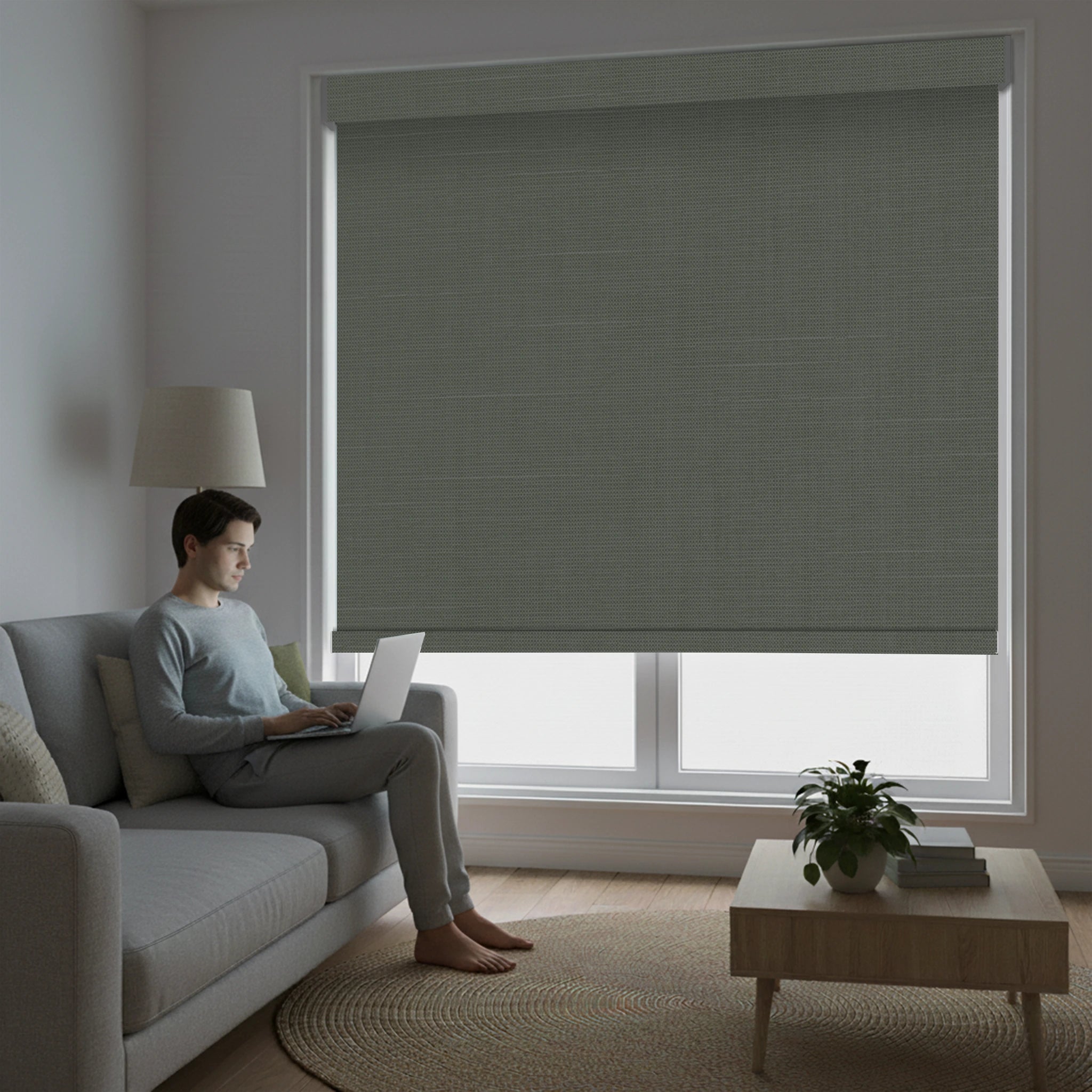 Motorized blackout roller shades installed in modern living room