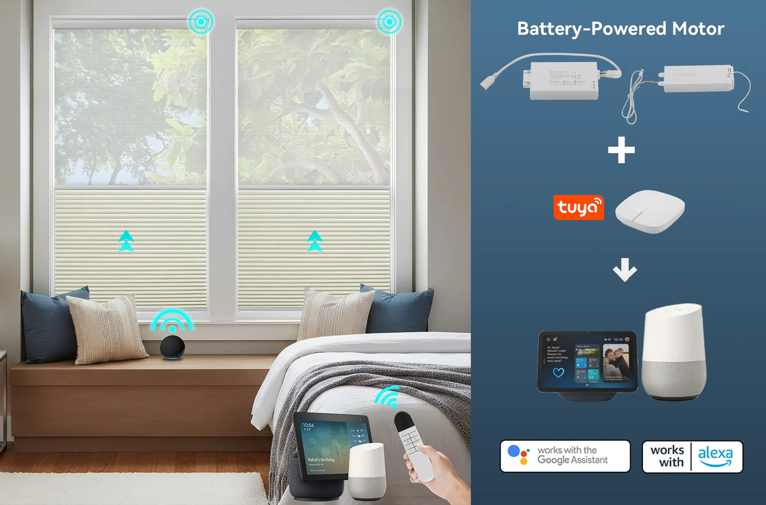 Smart control options for motorized honeycomb cellular shades including app and voice control