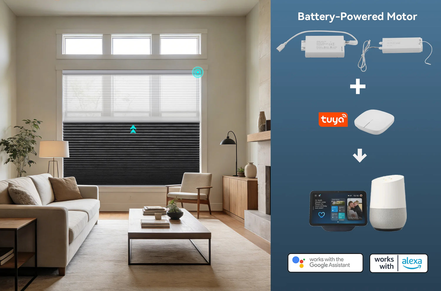 Smart motorized cellular shades controlled by Tuya App with Amazon Alexa and Google Assistant integration