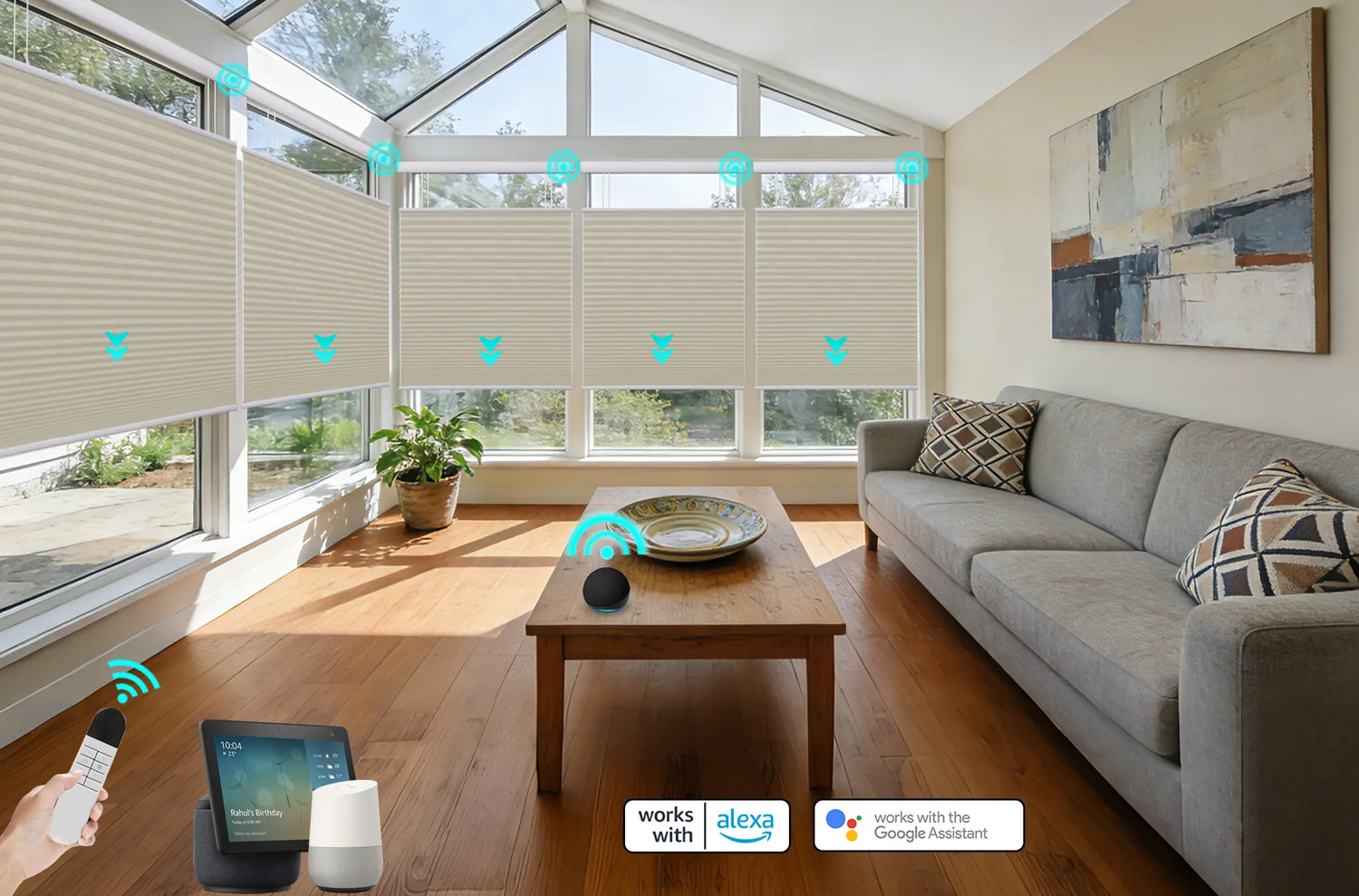 Motorized cellular shades installed in a modern living room, showing Amazon Alexa and Google Home logos nearby.