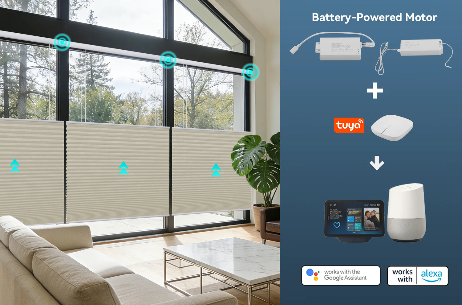 Illustration of the Kurlax smart motor and the Tuya app interface with Google Assistant and Amazon Alexa logos.