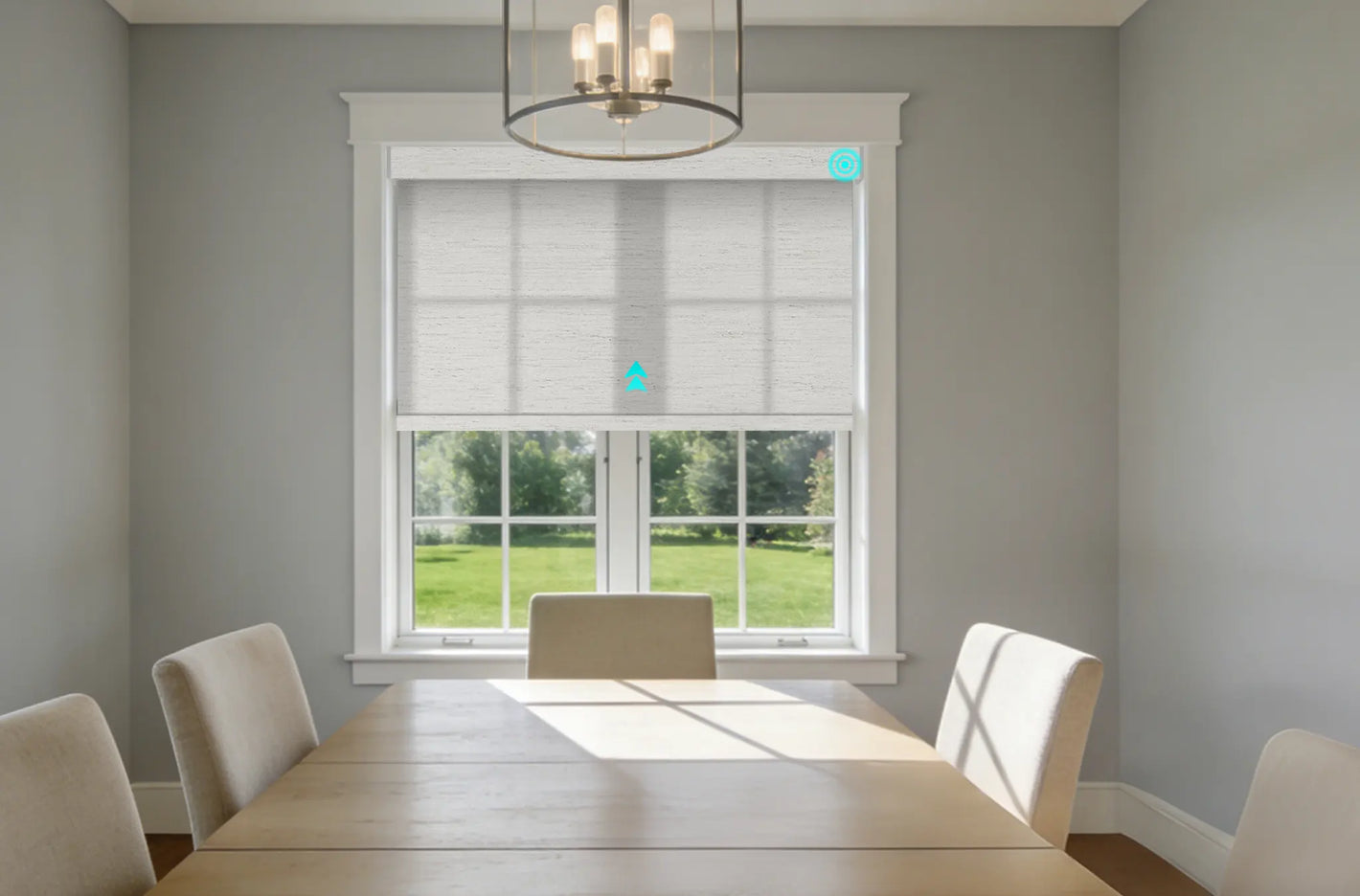 Linen texture motorized roller shades in dining room