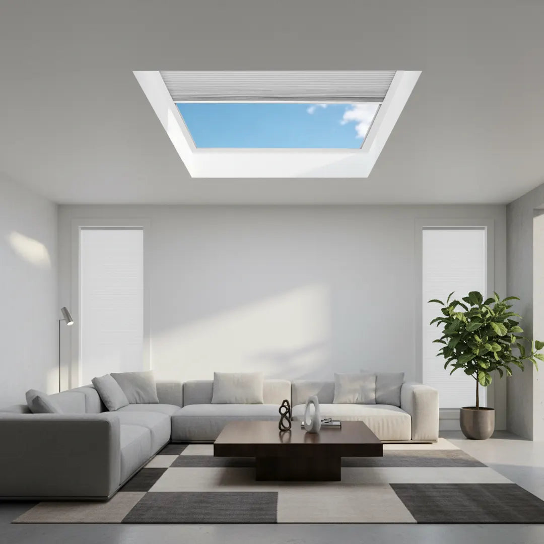 Motorized skylight shade on a flat roof skylight using track-guided movement where regular shades cannot work.