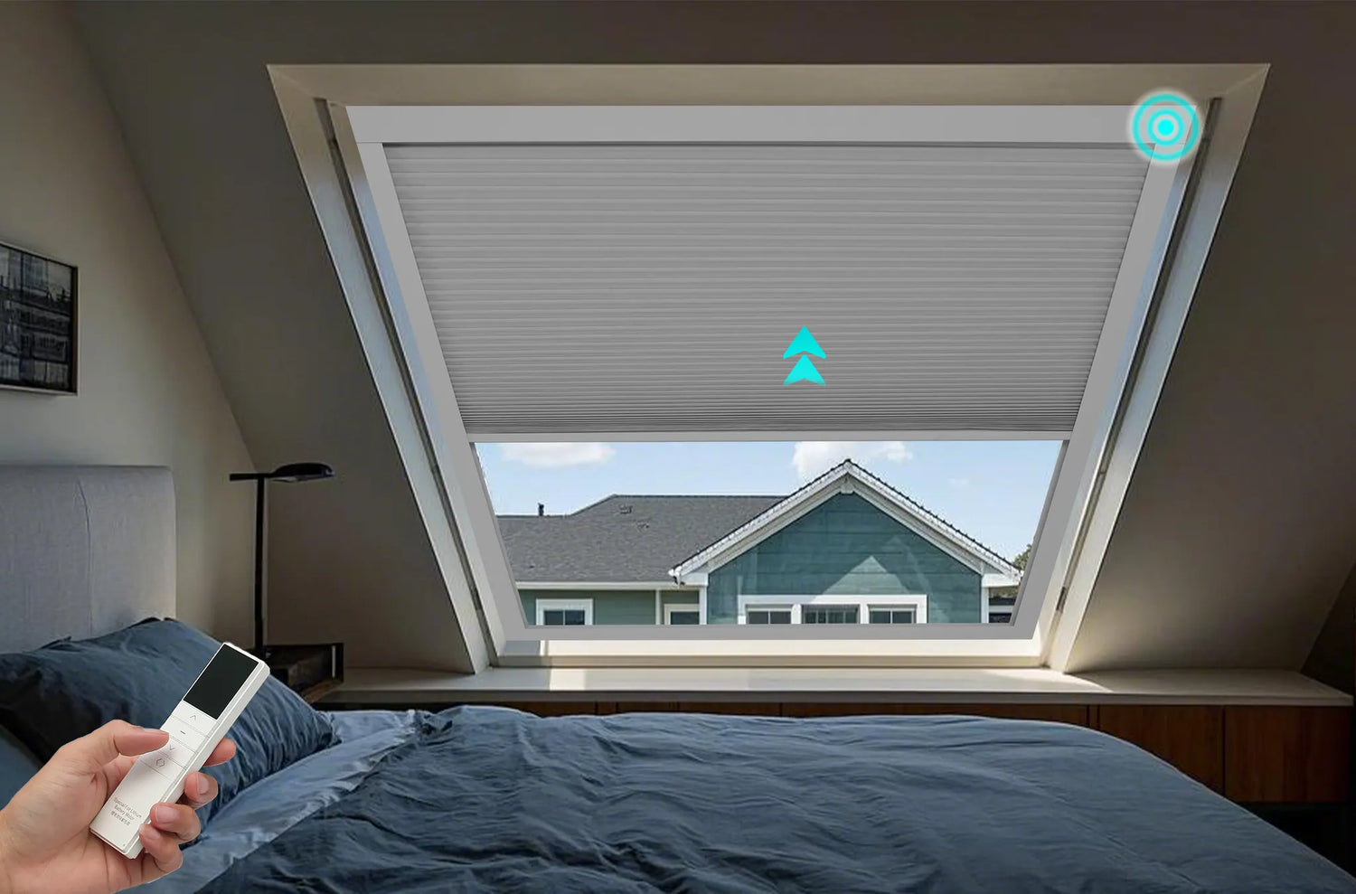 Motorized skylight shades in a bedroom controlled by remote control.