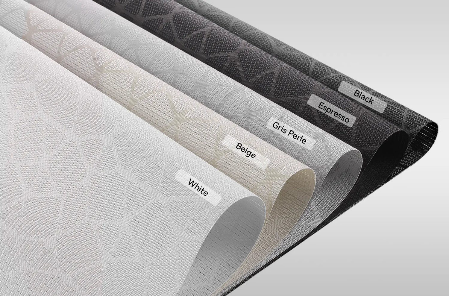 Color swatches for Kurlax solar screen fabric: White, Beige,Gris Perle, Espresso, and Black.